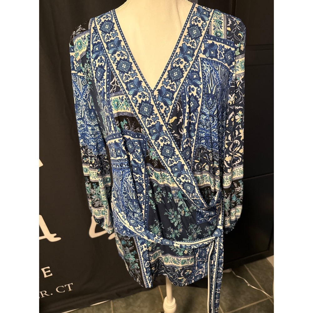 Botanical Dream Blue Paisley Floral Patchwork Wrap Top Long Sleeve XL